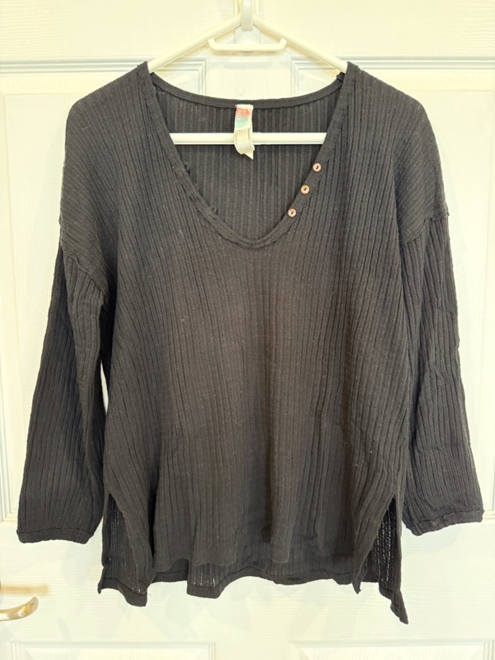 Free People rib knit top long sleeve V neck Henley style side-slits black